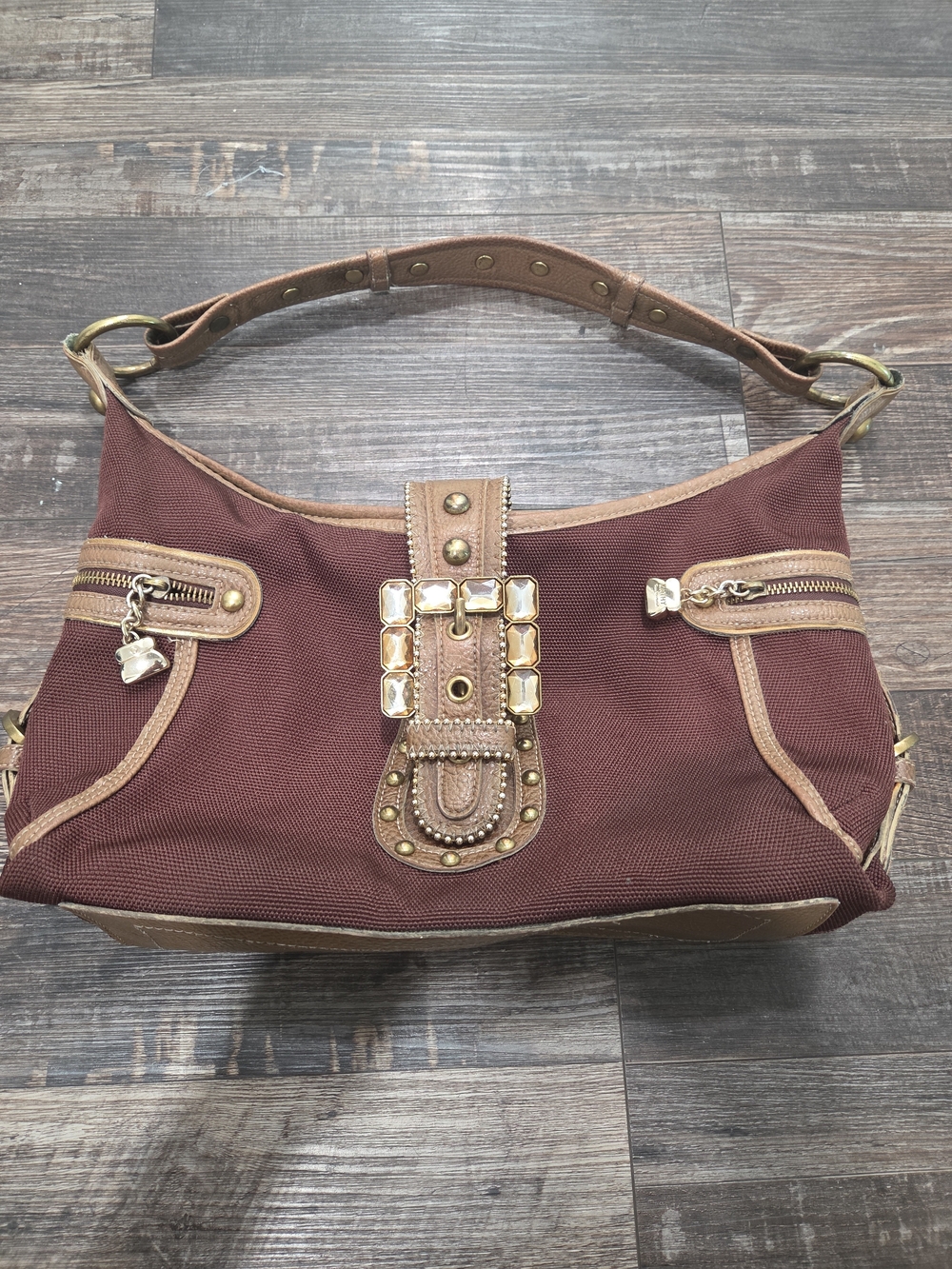 Kathy Brown Canvas and Leather Shoulder Bag with Studded Accent